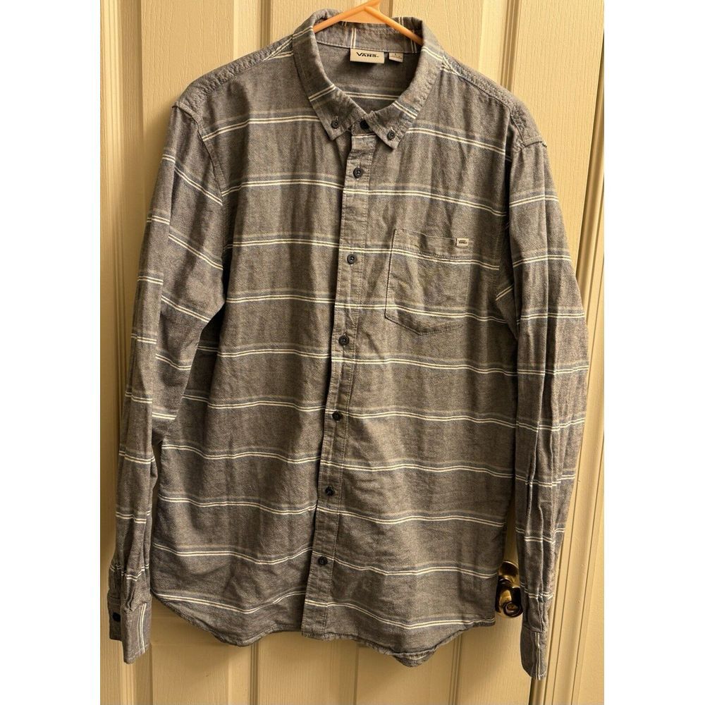 Vans Long Sleeve Button Up Shirt Gray Blue Striped Mens Large‎ EUC